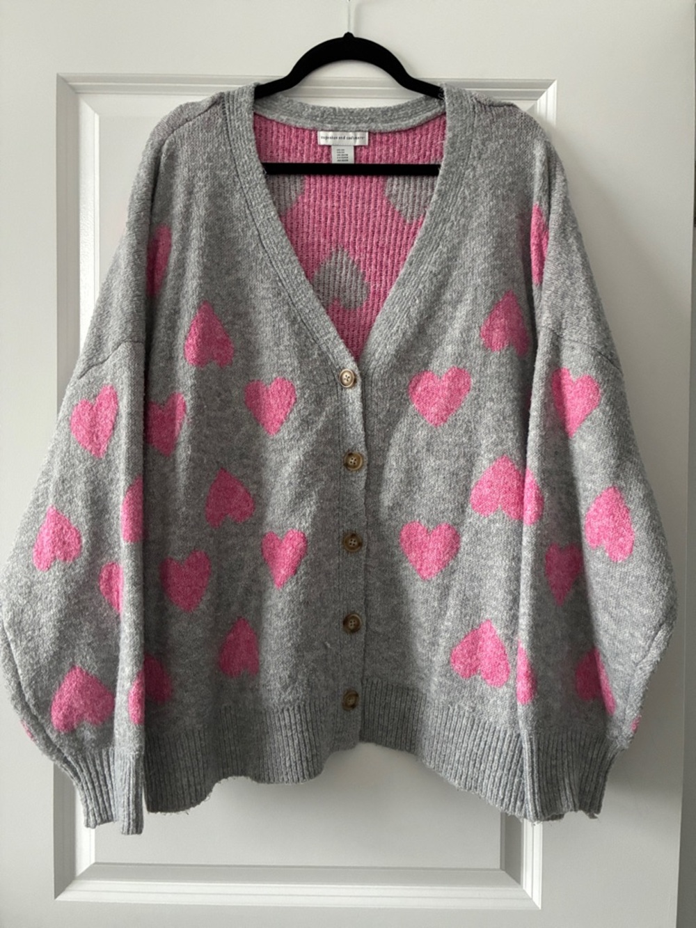 Cupcakes & Cashmere Size 3X Heart Button-Down Cardigan - Gray/Pink
